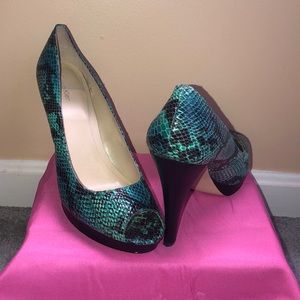 Calvin Klein snake print peep toe pumps